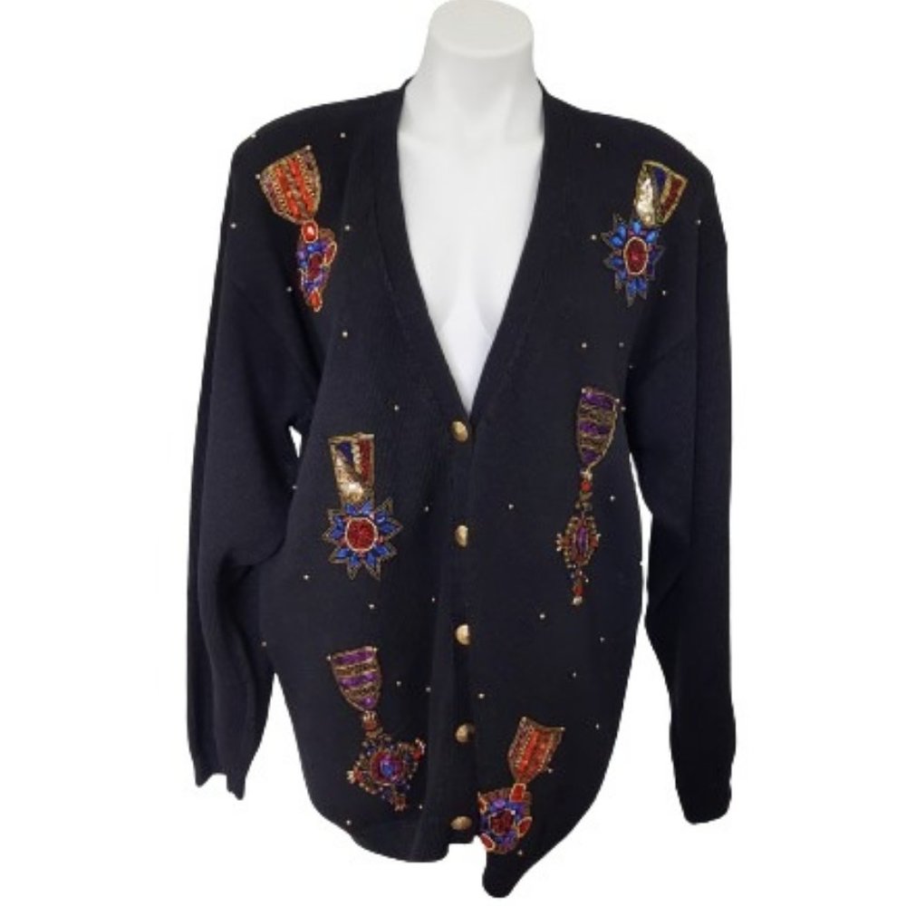 Vintage 90s Black Oversize Cardigan Sweater with Sequin and Beaded Medals